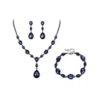 clearine parure femme chaîne goutte d'eau forme y bracelet collier boucles d'oreilles ensemble cristal autrichien strass fond noir bleu