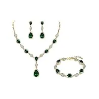 clearine parure femme chaîne goutte d'eau forme y bracelet collier boucles d'oreilles ensemble cristal autrichien strass fond d'or vert