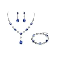 clearine parure femme chaîne goutte d'eau forme y bracelet collier boucles d'oreilles ensemble cristal autrichien strass fond d'argent bleu