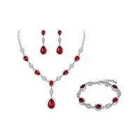 clearine parure femme chaîne goutte d'eau forme y bracelet collier boucles d'oreilles ensemble cristal autrichien strass fond d'argent rouge