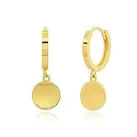 boucles d'oreilles créoles minimalistes en or jaune véritable 14 carats avec plaques rondes pendantes, métal
