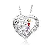 ashleymade personnalisé collier argent 925 coeur pendentif avec noms gravure mère fille femme collier cadeau pour la fête des mères saint valentin noël (4 noms)