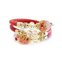 venezia classica - bracelet pour femme avec perles en verre de murano original et cuir véritable toscane, collection diana, modèle contrarie, avec feuille en or 24 carats, fabriqué en italie, rouge