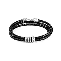 myka bracelet homme en cuir tressé noir avec petites perles personnalisées en argent 925 ou plaqué or - bracelets pour homme (argent 925)