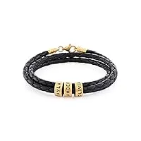 myka bracelet homme en cuir tressé noir avec petites perles personnalisées en argent 925 ou plaqué or - bracelets pour homme (or vermeil)