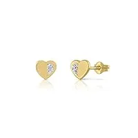 boucles d'oreilles en or 18 carats, pour bébé fille ou femme, modèle cœur poli haute brillance et zone sertie de pierres de qualité. dimensions du bijou : 6 x 6,5 mm.