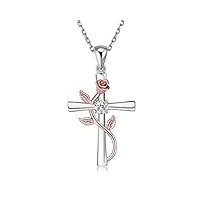 blinggem collier pour femme croix rose en argent 925/1000 oxyde de zirconium plaqué or rose fleur pendentif collier fille cadeau pour femme 48 cm