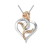 qleesi collier fleur rose pour cadeau femme - colliers d'amour en forme de coeur pendentif en or rose avec boîte-cadeau de bijoux exquis comme cadeaux saint valentin de fête des mères