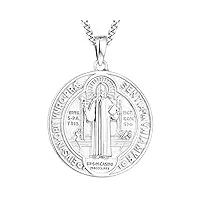 wioy collier médaille de saint benoît en argent sterling 925 - cadeau catholique pour homme, argent, zircone cubique