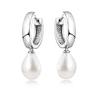 materia so-431 boucles d'oreilles créoles pour femme avec pendentif en argent sterling 925 blanc rhodié 15 mm, perle d'eau douce rhodié, anti-ternissement, perle