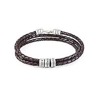 myka bracelet homme en cuir tressé noir avec petites perles personnalisées en argent 925 ou plaqué or - bracelets pour homme (argent 925 - marron)