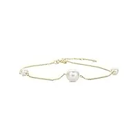 orovi bracelet pour femme en or jaune avec 3 perles d'eau douce rondes blanches de 7 mm - bracelet en or 14 carats (585) - longueur réglable de 17,5 à 21,5 cm, 17.5 centimeters, dorée