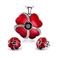 dephini - parure de bijoux fleur – collier et boucles d'oreilles en argent sterling 925 – pendentif fleur en émail rouge et cristal cz noir – chaîne en argent de 45,7 cm – boîte à bijoux