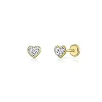 boucles d'oreilles en or véritable 18 carats et 9 carats, pour bébé fille ou femme, modèle cœur avec pierres serties de qualité. dimensions du bijou : 5 x 5,5 mm