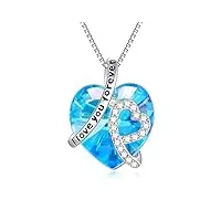 "je t'aime pour toujours" collier coeur argent sterling 925 pendentif avec cristal - bijoux cadeaux anniversaire pour femmes maman (aquamarine simulée)