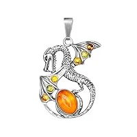 andante pendentif en véritable ambre de la mer baltique, en argent sterling 925, certifié, motif de dragon, or de la mer, couleur : cognac, argent sterling, ambre