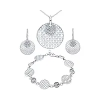 parure de bijoux en argent sterling 925 massif avec pendentif en forme de disque en cristal mat et cristaux de zircone pour femme