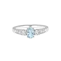 shine jewel trois pierres précieuses bleues aigue-marine et diamants simulés bague en or 9k pour femmes (or blanc, 60)