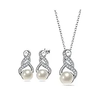 clearine parure femme mariage argent 925 perle zircon double feuilles bijoux ensemble de collier boucles d'oreilles pendantes strass