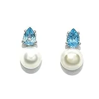magnifiques boucles d'oreilles avec 2 topaze bleues serties de 4 griffes en or blanc 18 carats et 2 perles de culture de 7 mm. fermeture à pression.