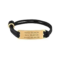 myka bracelet corde pour homme avec barre gravée en argent 925 ou plaqué or - cadeau personnalisé gravé pour homme, papa, mari (argent 925 plaqué or 18cts)