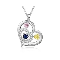 wamantic collier prénoms personnalisé collier pendentif coeur personnalisé femme avec 3 pierres de naissance bijoux cadeau pour mère cadeau saint-valentin anniversaire