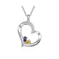 wamantic collier prénoms personnalisé collier pendentif coeur personnalisé femme avec 2 pierres de naissance bijoux cadeau pour mère cadeau saint-valentin anniversaire