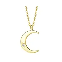 collier femme or jaune 14 carats 585/1000 lune pendentif et chaîne avec diamant naturel bijoux minimaliste pour femme filles - chaîne ajustable: 40 + 5 cm