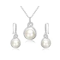 clearine parure perle 9-10mm femme mariage argent 925 zircon strass forme goutte d'eau collier plastron boucles d'oreilles pendentes ensemble