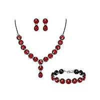 clearine parure femme mariage ensemble de 3 série cristal rond strass collier plastron forme y boucles d'oreilles pendentes bracelet ton noir rouge