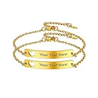 prosteel 2pcs bracelets femme plaqué or 21cm personnalisable, gourmette fille doré avec plaque personnalisable 16+5cm