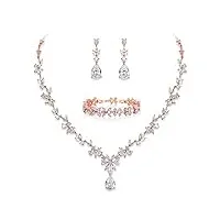 ever faith parures bijoux de mariage femme oxyde zirconium collier feuille florale boucles d'oreilles pendantes bracelet rosé or