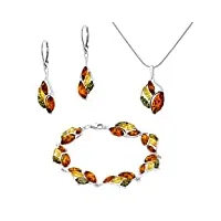 ambedora grand ensemble sabine pour femme - argent sterling 925, ambre baltique coloré, pendentif avec chaîne serpent, boucles d'oreilles, bracelet