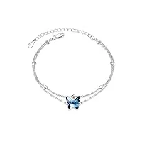 bracelet papillon en argent sterling 925 avec cristaux bleus - bracelet réglable - cadeau pour femme et fille