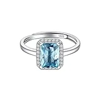bague femme argent reglable,anneau ajustable avec pierre aigue-marine en forme carré brillante,bijoux fantaisie cadeau femme valentin anniversaire