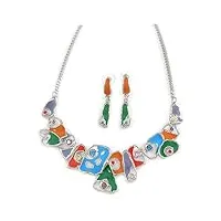 avalaya collier et boucles d'oreilles pendantes géométriques en émail multicolore / plaqué rhodium / 40 cm l / 7 cm ext, taille unique, émail