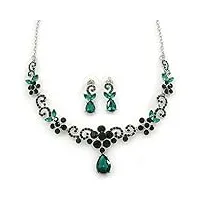 avalaya parure collier et boucles d'oreilles pour mariée/bal/mariage motif floral en cristal vert 46 cm l/5 cm