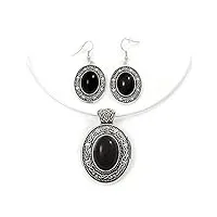 avalaya parure collier et boucles d'oreilles avec médaillon ovale noir réglable, céramique