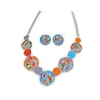 avalaya parure collier et boucles d'oreilles pendantes en émail multicolore avec cristaux et cercles géométriques plaqué rhodium 40 x 7 cm, taille unique, émail