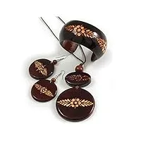 avalaya long cordon marron en bois avec motif floral, boucles d'oreilles pendantes et bracelet manchette en marron – 76 cm, taille unique, bois cordons bois