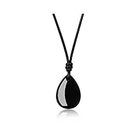 coai collier cordon cuir pendentif goutte d'eau obsidienne noire ajustable homme femme