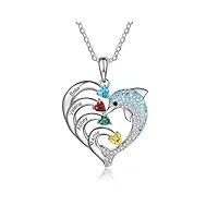 albertband collier personnalisé dauphin de coeur avec 2-8 noms gravés pendentif de pierre pour les femmes collier de promesse de famille pour le cadeau de bijoux de saint valentin (4 noms)