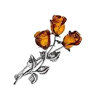 ambedora broche pour femme en argent 925 oxydé, roses d'ambre baltique sculptées à la main, broche avec trois roses d'ambre, fermoir de sécurité, coffret cadeau