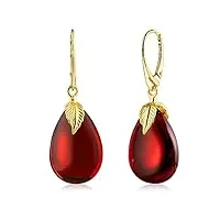 amber by mazukna - boucles d'oreilles en ambre rouge - Élégantes boucles d'oreilles à suspendre en ambre avec raccord doré - pour femme - 43 x 15 mm - 5,5 g, argent pierre précieuse ambre, ambre