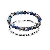 kuzzoi ensemble de bracelets bouddha pour homme, un bracelet élastique avec perles en argent, perles d'agate bleue et un bracelet gourmette pour homme, en argent sterling 925 oxydé, longueur 19-21 cm,