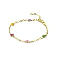 miore bijoux pour enfants bracelet avec 5 coeurs en Émail colorés en vert, rose, rouge, jaune et violet bracelet avec chaîne en or jaune 9 carats / 375 or, longueur réglable de 12 à 14 cm