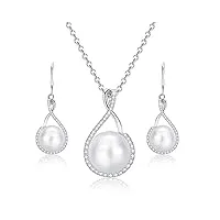 parure de bijoux en perles avec collier et boucles d'oreilles en argent 925 aaa, collier de perles blanches et pendentif en perles d'eau douce pour femmes et filles, argent sterling, zircone cubique
