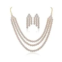 ratnavali jewels parure de bijoux traditionnelle à trois couches avec boucles d'oreilles pour femme/fille rv4162 plaqué or rose, métal, zircone cubique