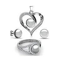 dephini - parure de bijoux en perles - collier et boucles d'oreilles en forme de cœur - argent sterling 925 - oxyde de zirconium, argent pierre précieuse