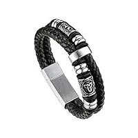 bandmax bracelet homme cuir et acier inoxydable 19cm, manchette double couche avec perles viking nordique